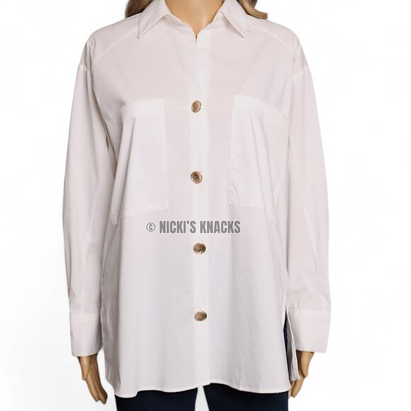 Magaschoni White Oversized Gold Button Shirt Blouse Relaxed Fit Cotton XS NWT - Picture 3 of 12